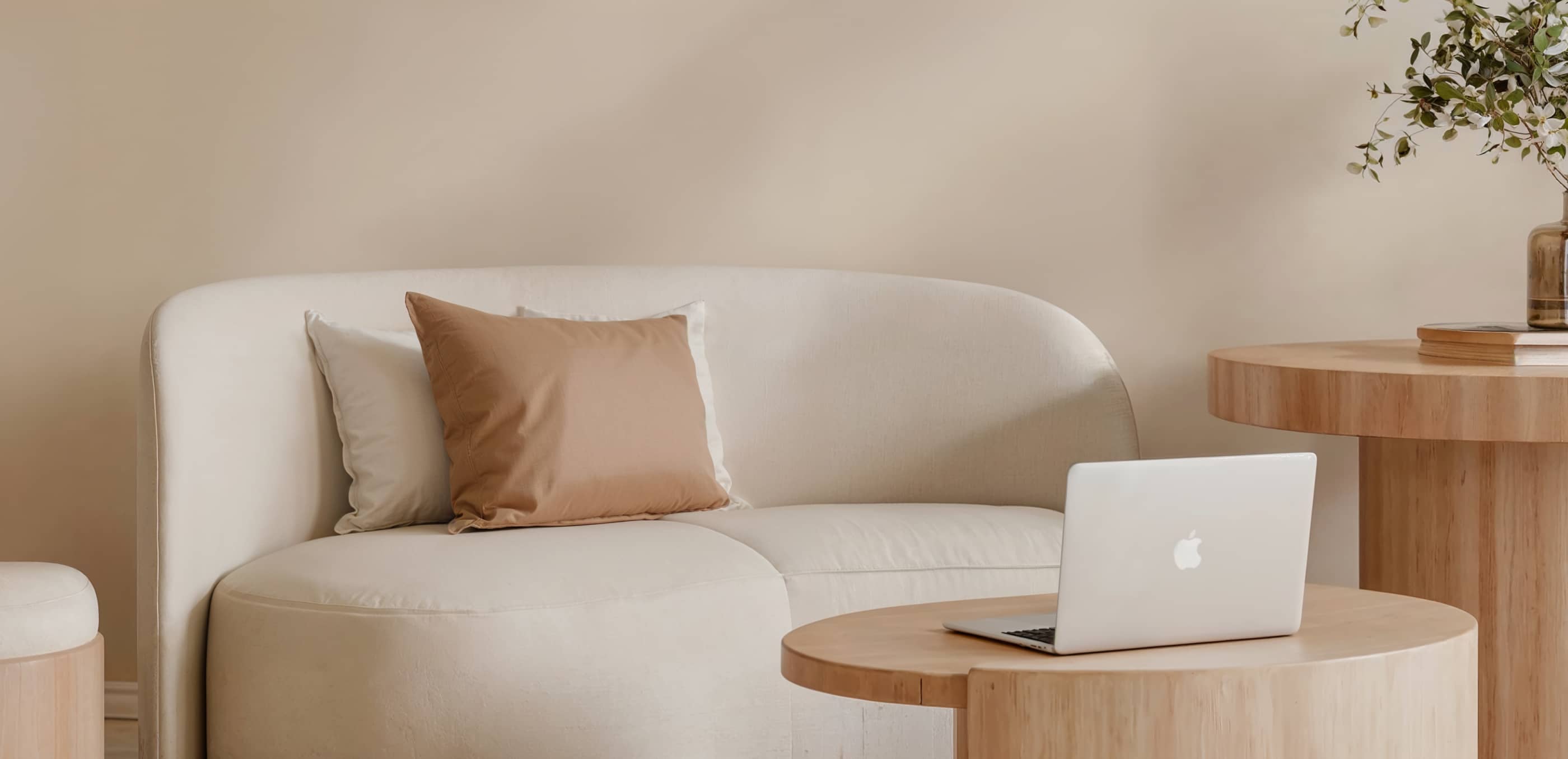 Minimalist Sofa And Wooden Tables In Cozy Workspace Design Home Geneva | BRIX Template
