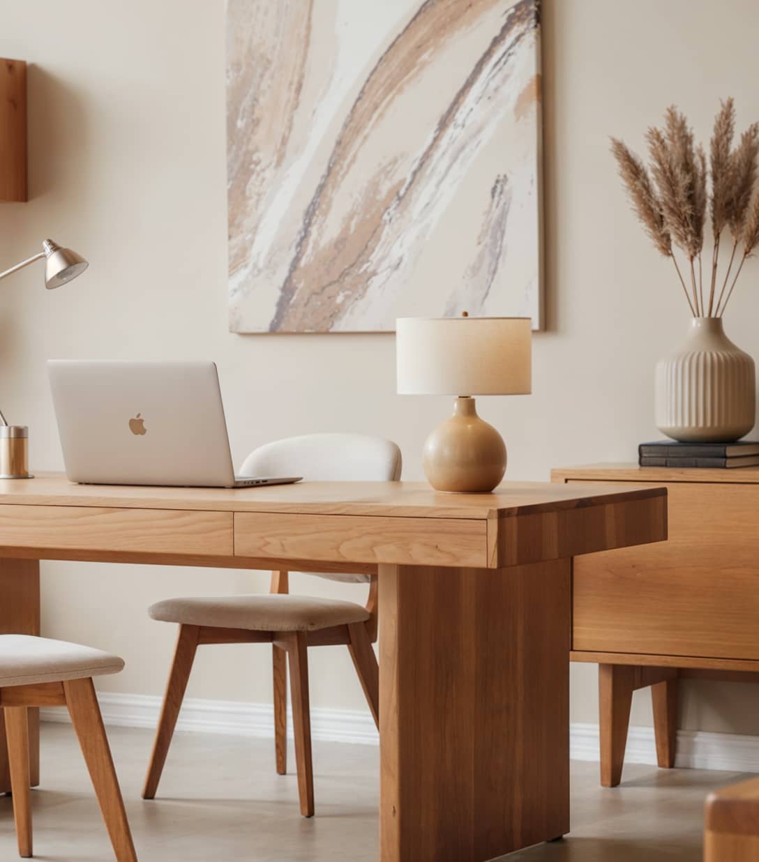 Warm Toned Wooden Desk Setup Design Home Geneva | BRIX Template
